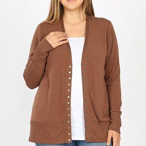 Zenana Snap Plus Cardigan Sweater Light Br…
